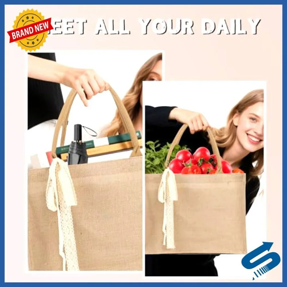 Large Jute Tote Bags Set Waterproof Reusable Grocery Shopping Beach Travel